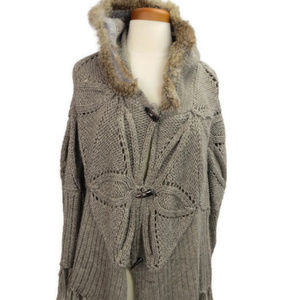 Line Poncho Brown Large Rabbit Fur Trim Hood Knit